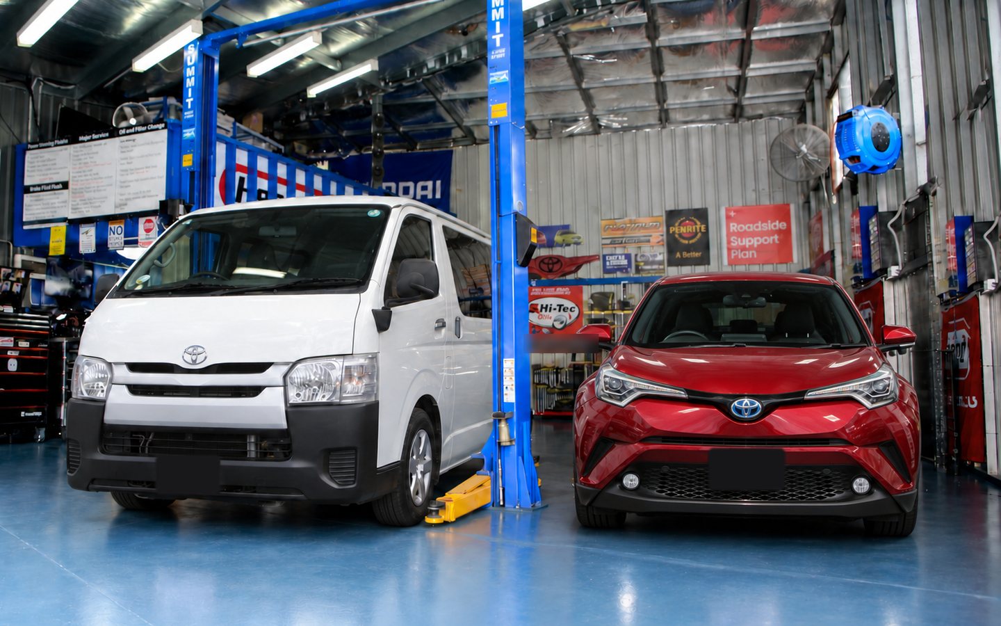 Imported Toyota Hiace and Toyota C-HR in the J-Import compliance workshop